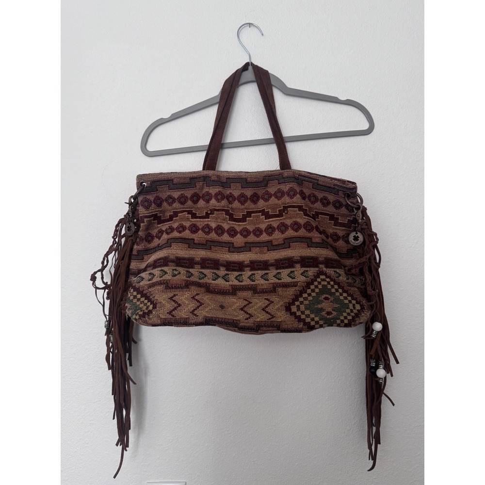 Lucky Brand Southwestern Tapestry Fringe Tote Bag Boho Western Carpet Bag jj - Picture 2 of 8